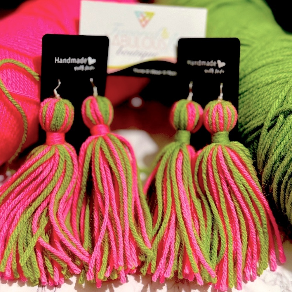 Pink & Green Yarn Earrings
